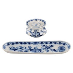 Antique Meissen Blue Onion Inkwell and Pen Tray in Hand-Painted Porcelain, Approx. 1900