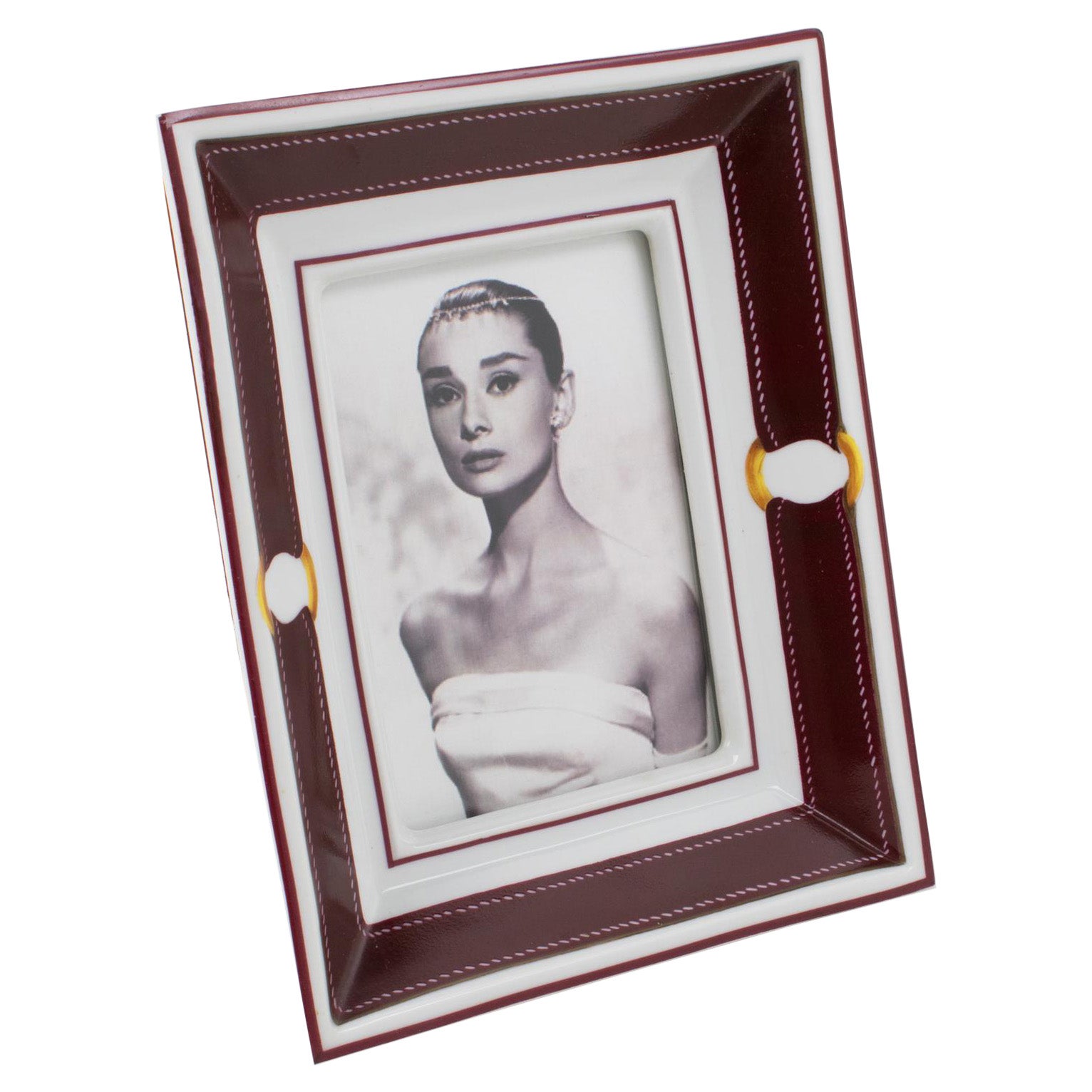 Hermes Paris White and Burgundy-Red Limoges Porcelain Picture Frame