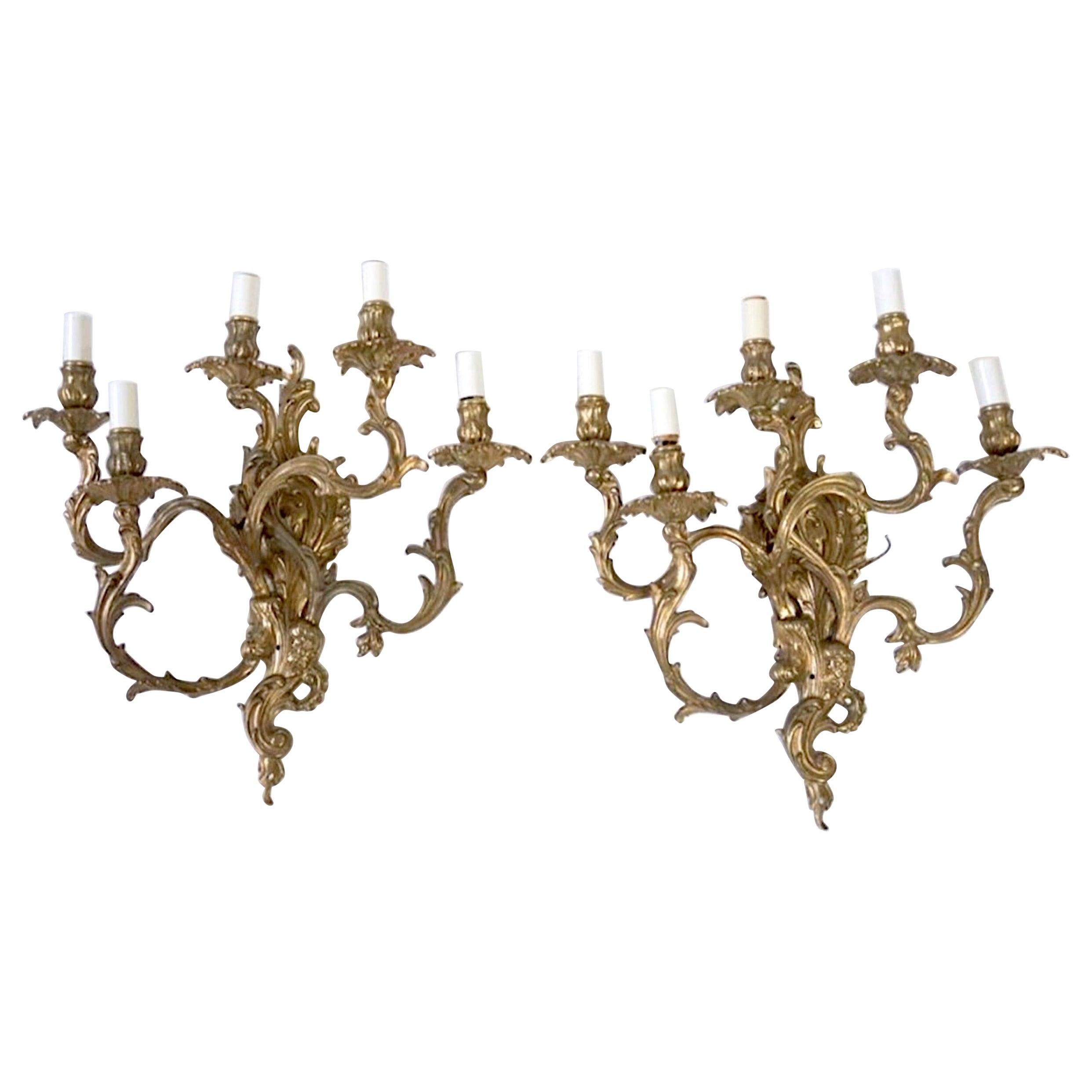 19th Century French Rococo 5 Arm Wired Wall Sconces - a Pair