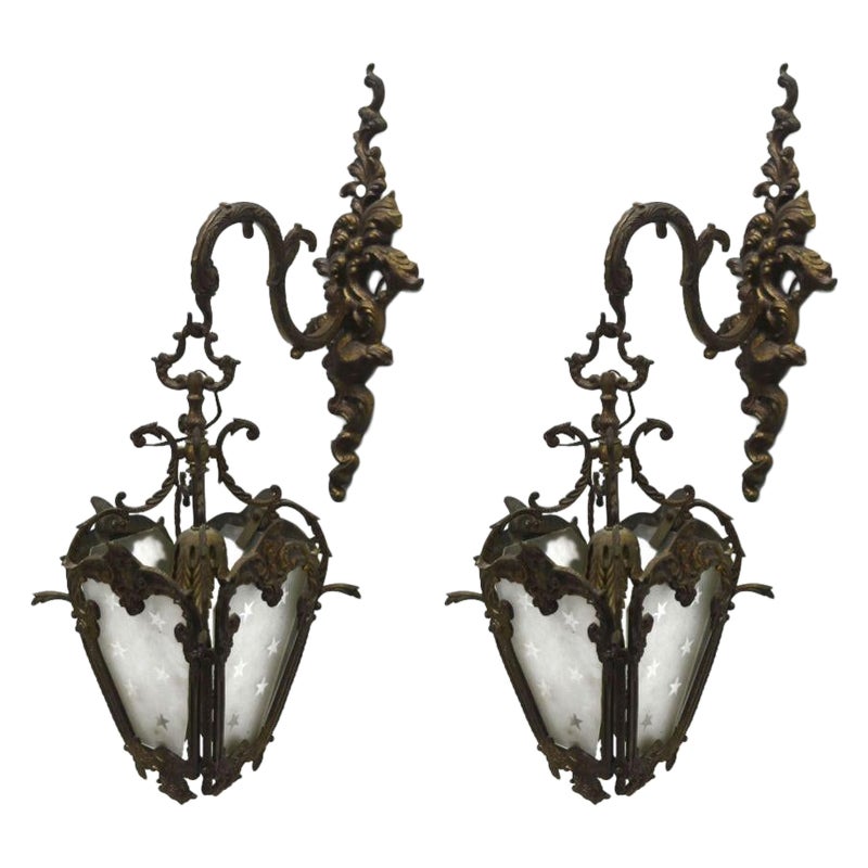 Pair of Bronze Lantern Sconces, Early 20th Century For Sale