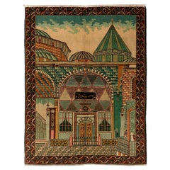 4'8''x6' Rare Pictorial 1930s Konya Rug Depicting Tomb of Scholar Mevlana “Rumi”