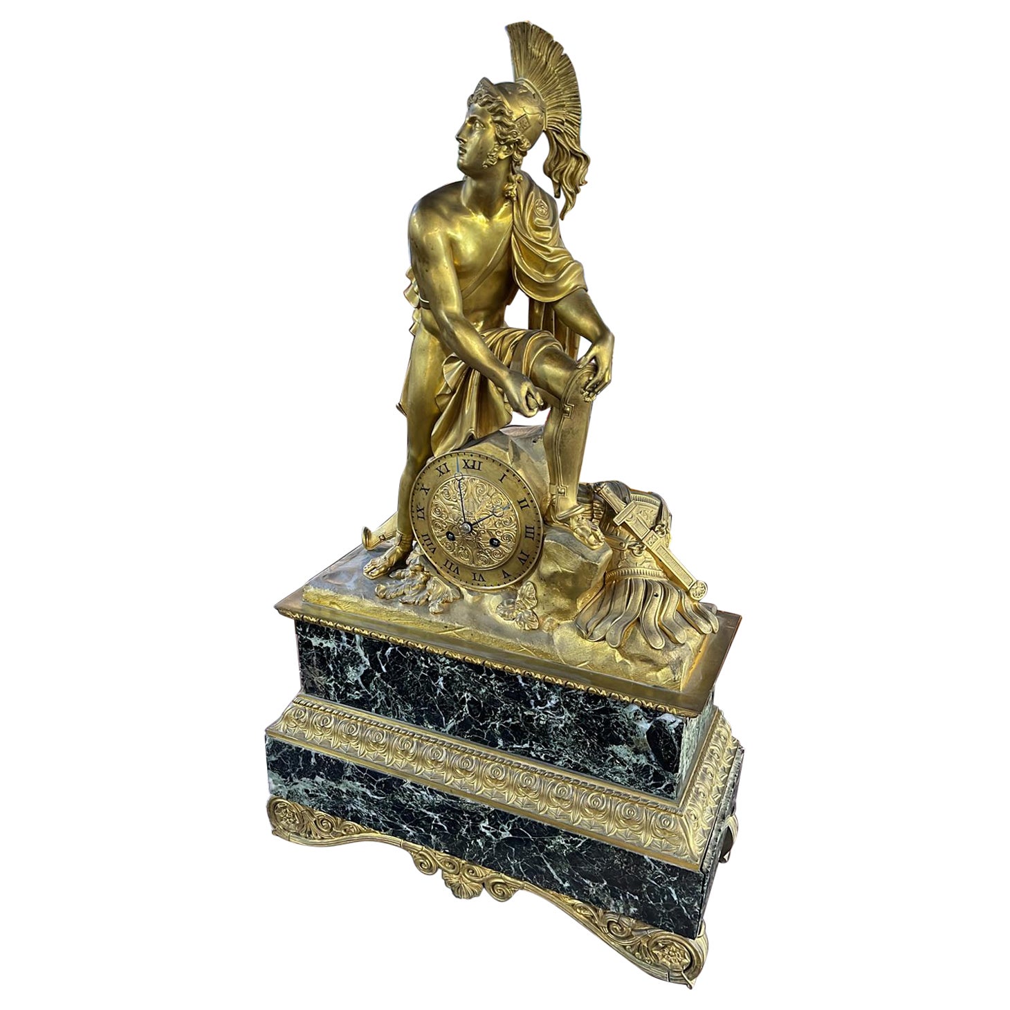 19th Century France Empire Mantel Clocks Bronze Marble Achilles
