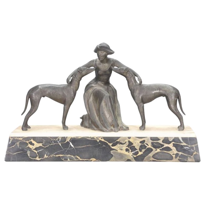 Regulates Art Deco Period 1930 on Onyx Base Young Woman with Greyhounds For Sale