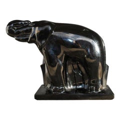 Statuette Elephant Black Glass Knight for Baccarat Raised Horn