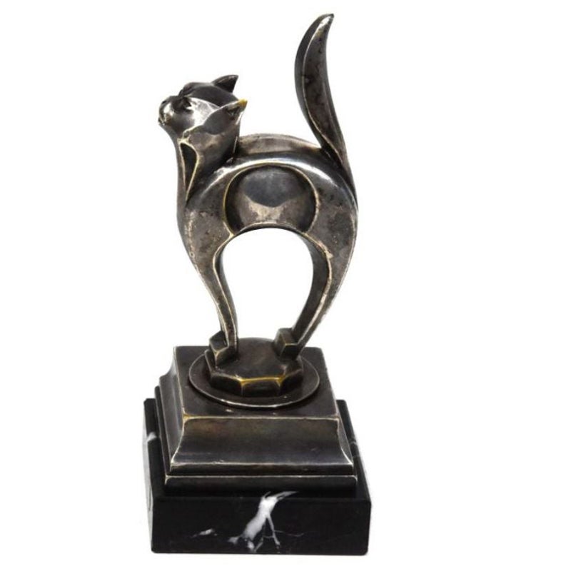 1930 Bronze Car Mascot with Cats Silver Patina Portor Base For Sale
