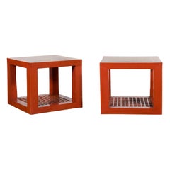 Pair of Chinese Red Lacquered Cube Side Tables with Ming Dynasty Marble Tops