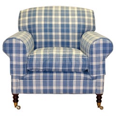 George Smith Signature Armchair Full Scroll Arms on Royal Blue Fabric & Castors