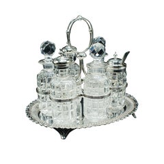 Antique Table Condiment Set, English, Silver Plate, Glass, Cruet, Victorian