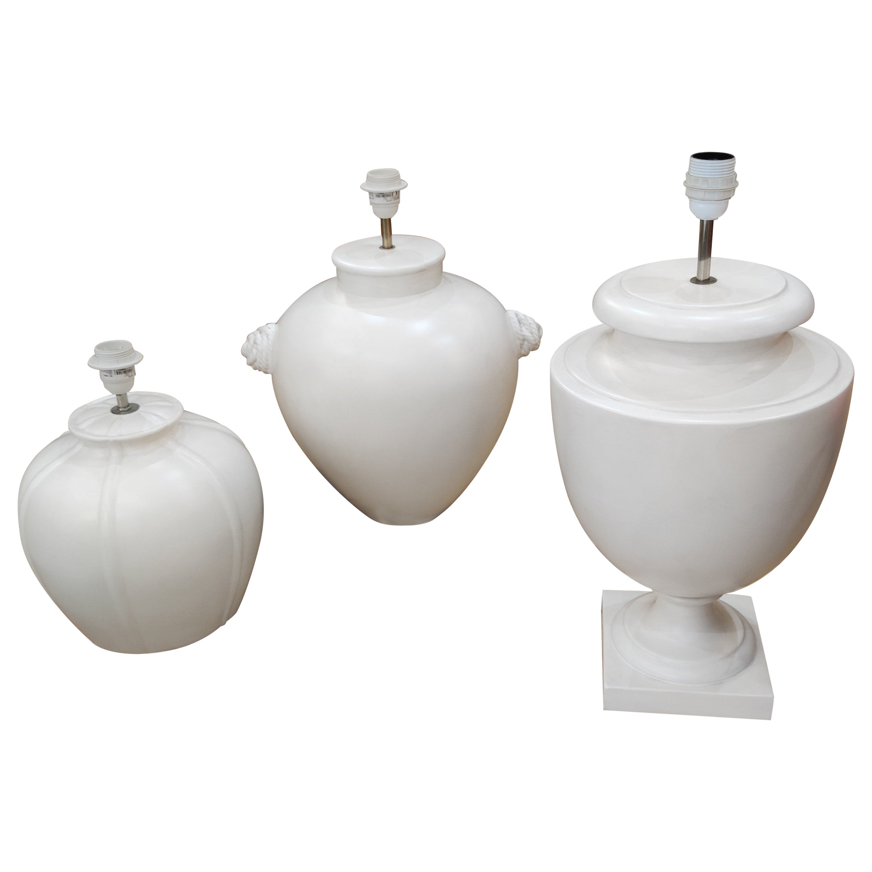 Set of 3 White Ceramic Table Lamps For Sale