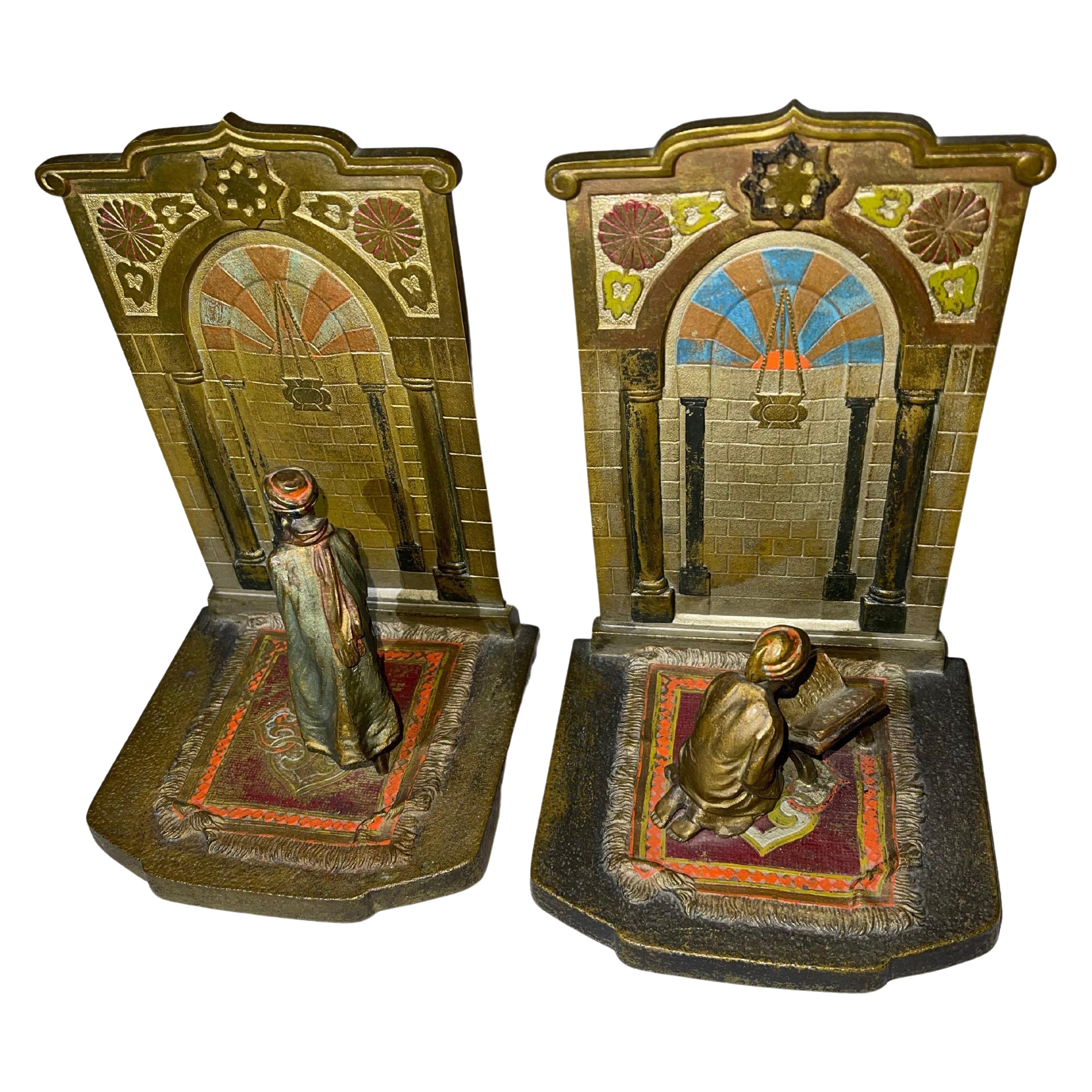 Pair of Orientalist Cold Painted Bronze Bookends, Signed "Chotka", ca. 1910 For Sale