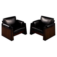 Pair of Vintage French Art Deco Black Leather Lounge Chairs
