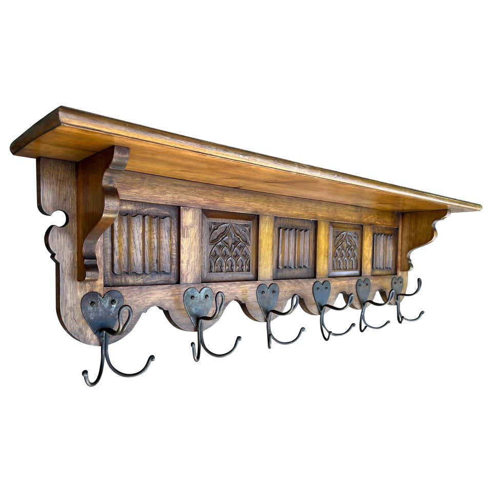 Gothic Revival Oak Wall Coat Rack wirh Stylish Church Window Panels and ...