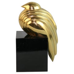 Retro Japanese Deco Style Brass Quail Sculpture on Wood Base