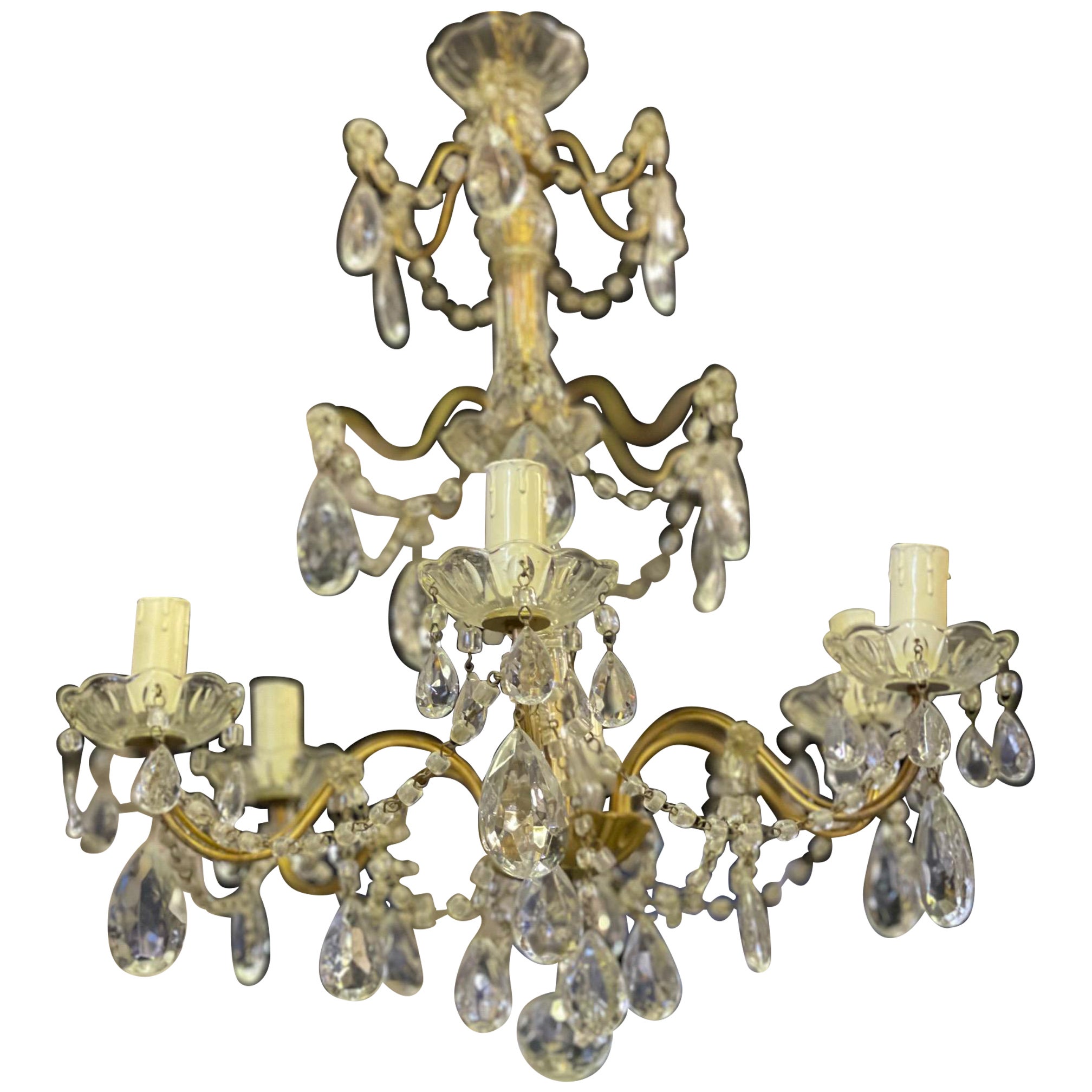 20th Century 6 Armed Italian Chandelier with Glass and Gold Frame For Sale