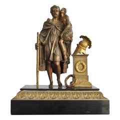 XIXth Century Bronze Representing Roman Soldier with Child Black Marble Base 
