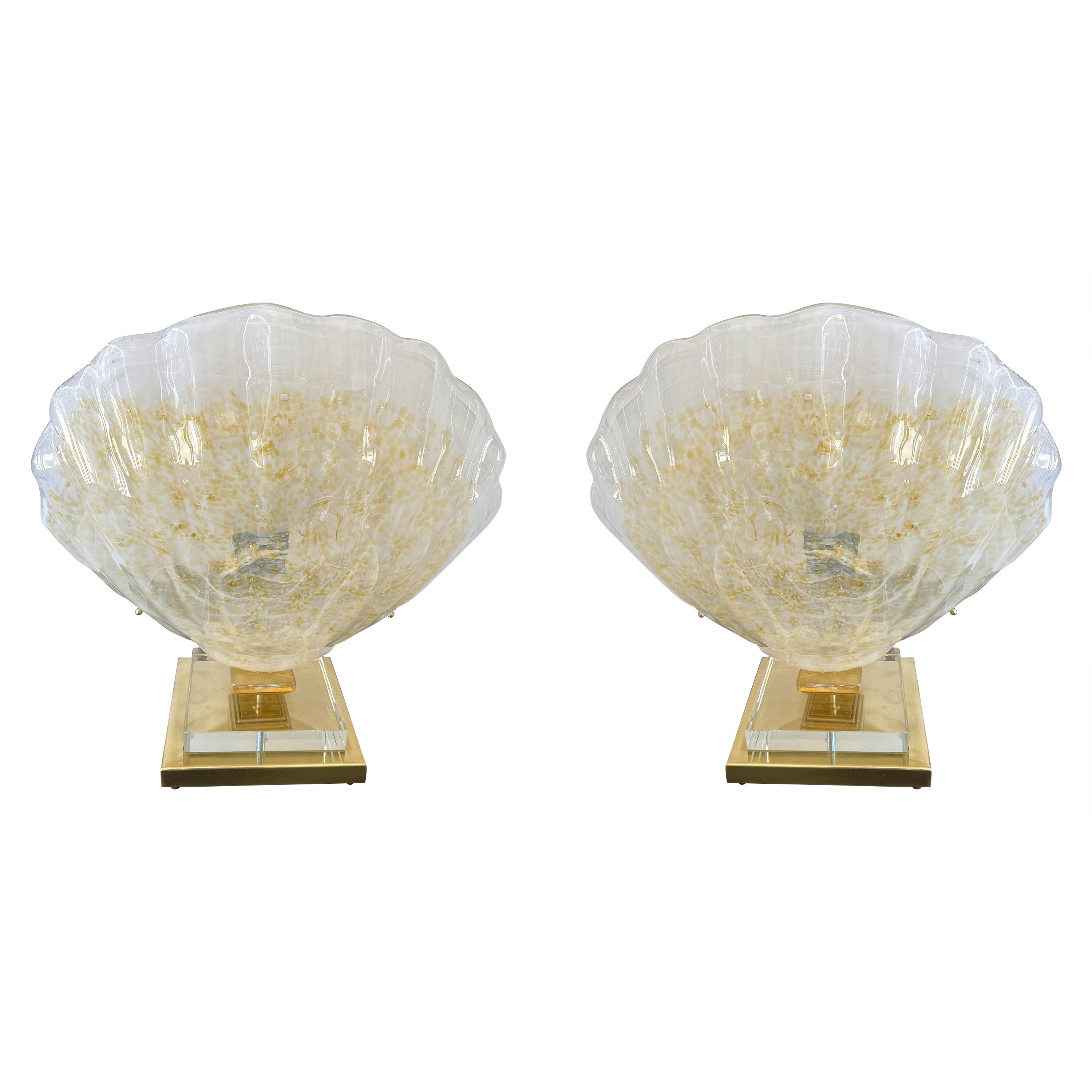 Large Contemporary Pair of Brass Murano Glass Shell Lamps, Italy