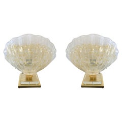 Large Contemporary Pair of Brass Murano Glass Shell Lamps, Italy