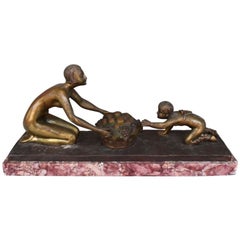 Bronze Art Deco Gilt Patina Young Girl with A Faun By Henry Fugère