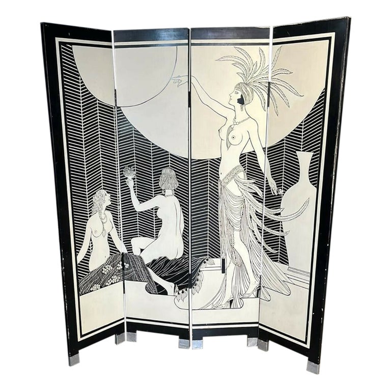 Art Deco Early 20th Century Four Fold Room Screen Divider For Sale