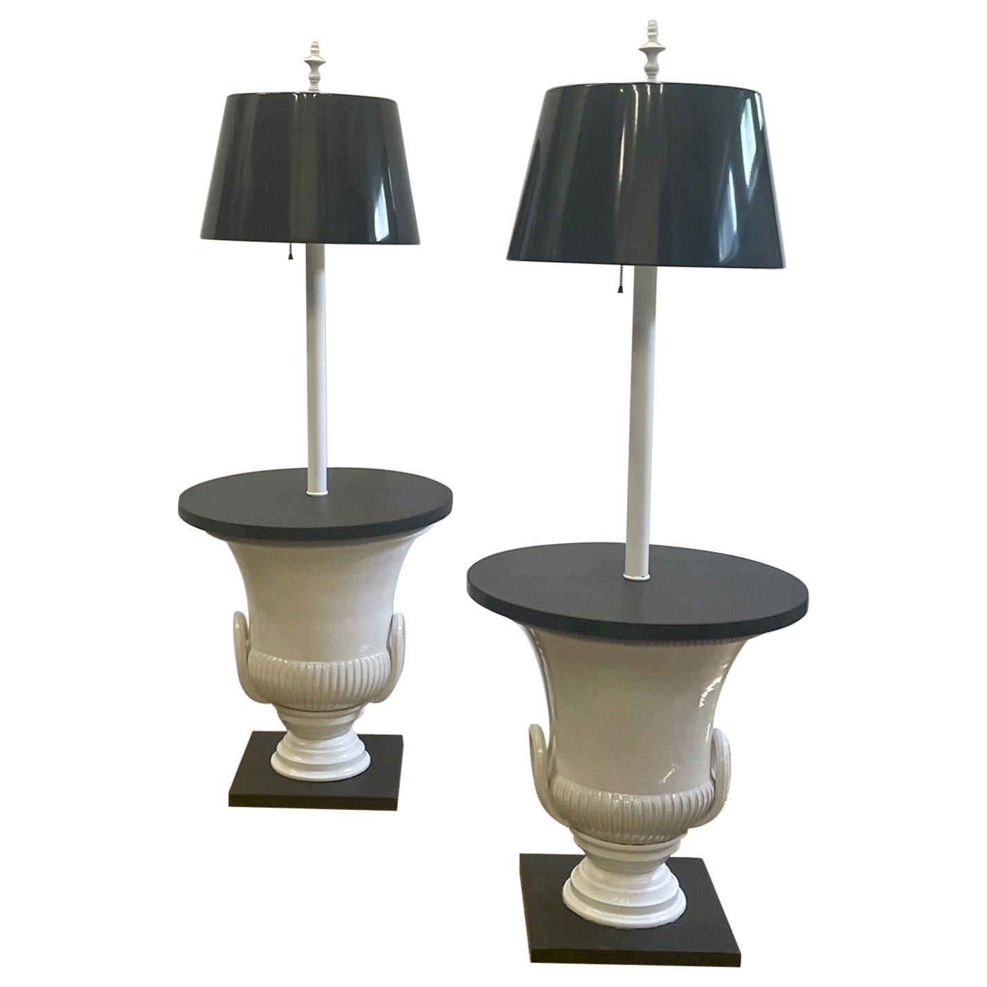 Chic Pair of Dorothy Draper Style Urn Base Floor Lamp Side Tables For Sale