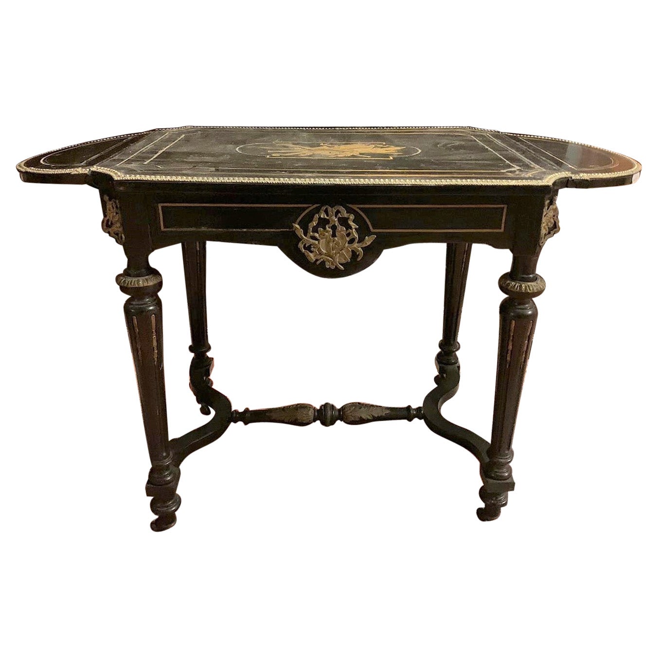 Antique Writing Desk with Flaps, Brass Ornaments, Late 19th Century France For Sale