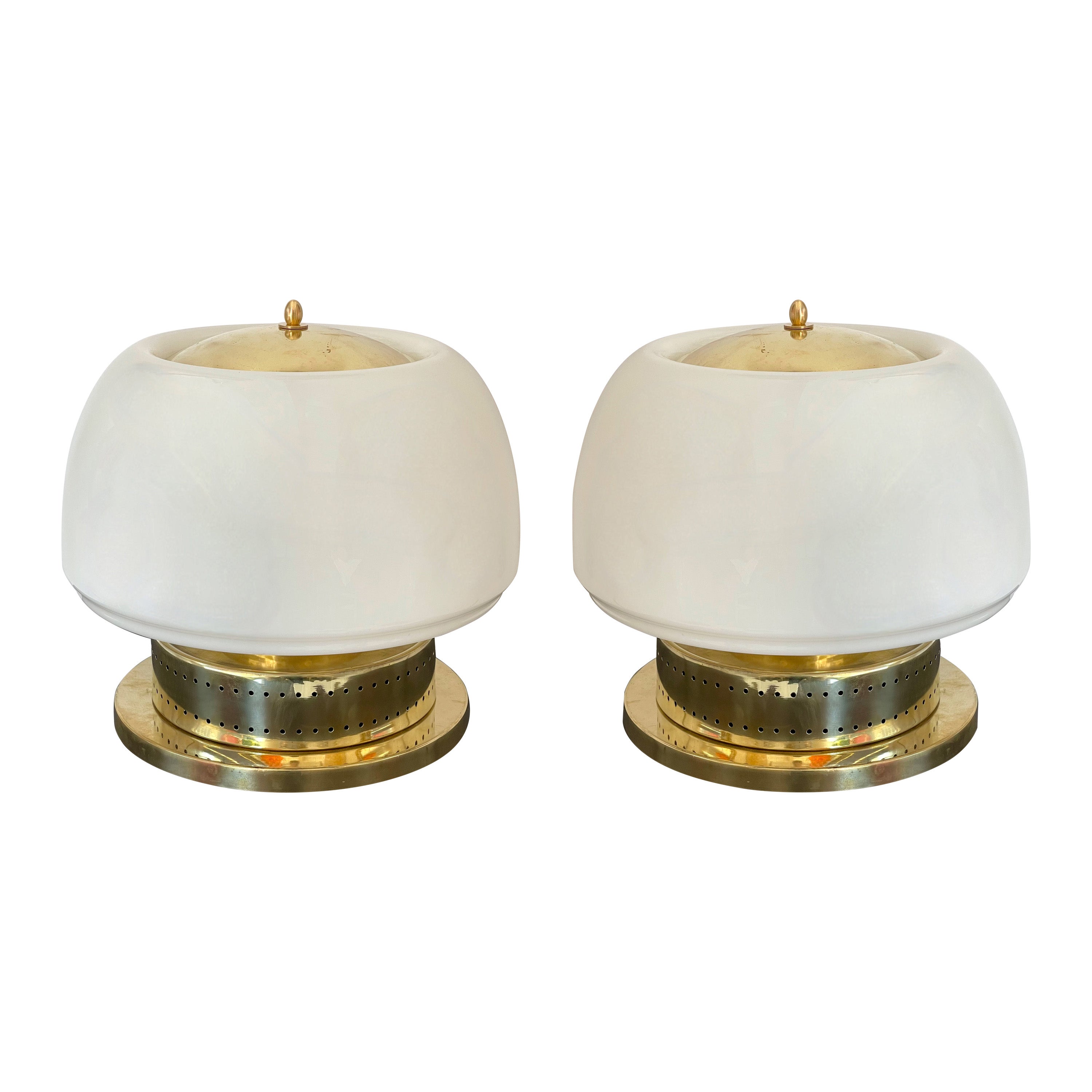 Contemporary Pair of Brass Murano Glass Opaline Mushroom Lamps, Italy
