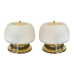 Contemporary Pair of Brass Murano Glass Opaline Mushroom Lamps, Italy