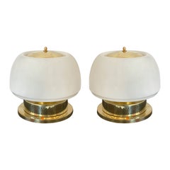 Contemporary Pair of Brass Murano Glass Opaline Mushroom Lamps, Italy