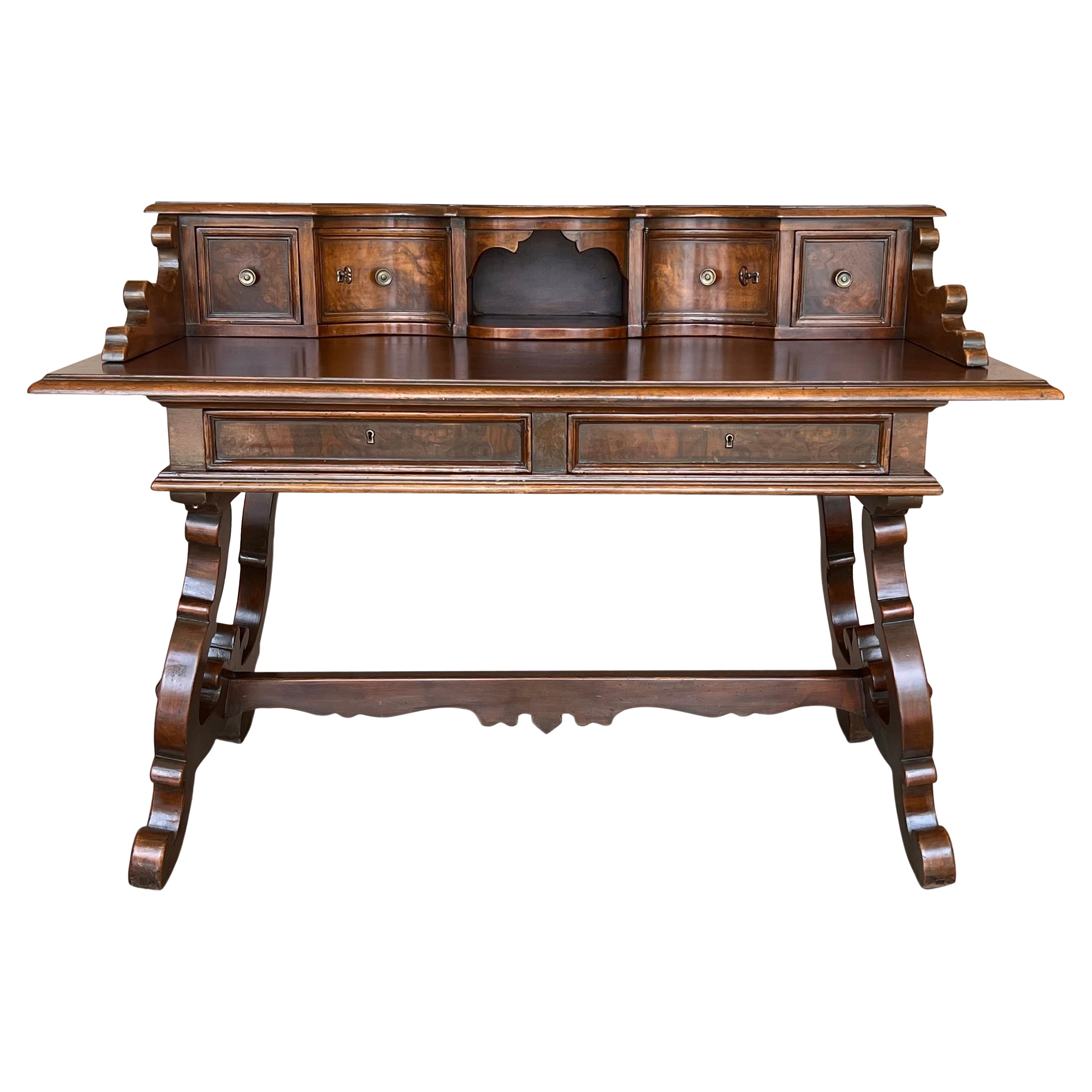 20th Century Spanish Carved Walnut House Desk with Lyre Legs For Sale