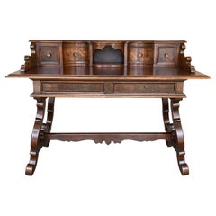 20th Century Spanish Carved Walnut House Desk with Lyre Legs
