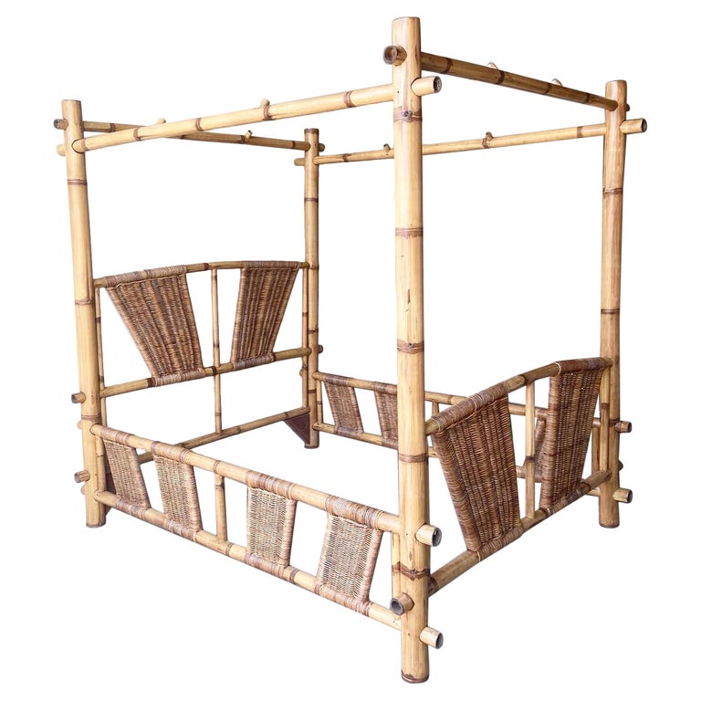 Vintage Bamboo & Wicker Canopy Queen Bed Frame