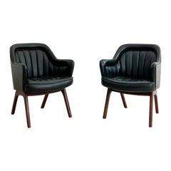 Pair of Mid-Century Modern Lounge Chairs w/ Black Naugahyde and Walnut Legs