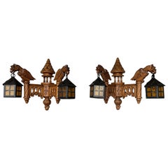 Unique Pair of Gothic Revival Hand Carved Gargoyle & Iron Lantern Wall Sconces