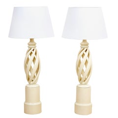 Pair of Mid-Century Modern White Wood Swirl Lamps