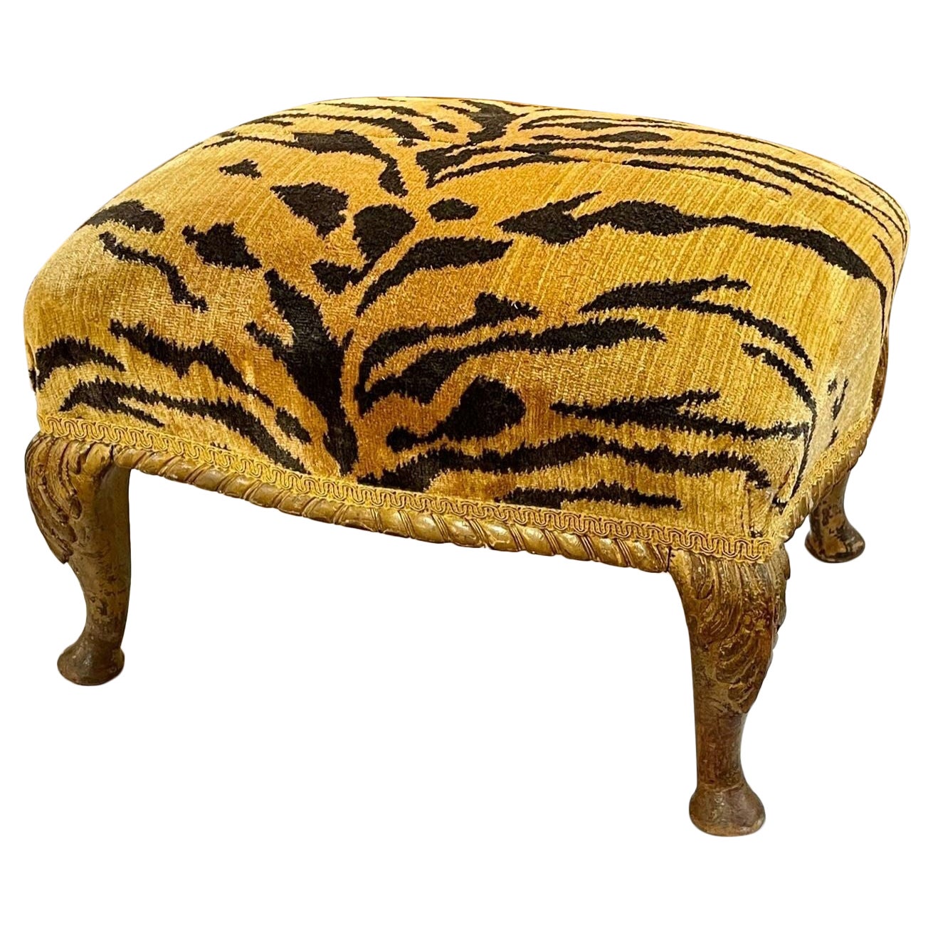 19th Century Carved and Gilt Wood Stool with Scalamandre Tiger Upholstery