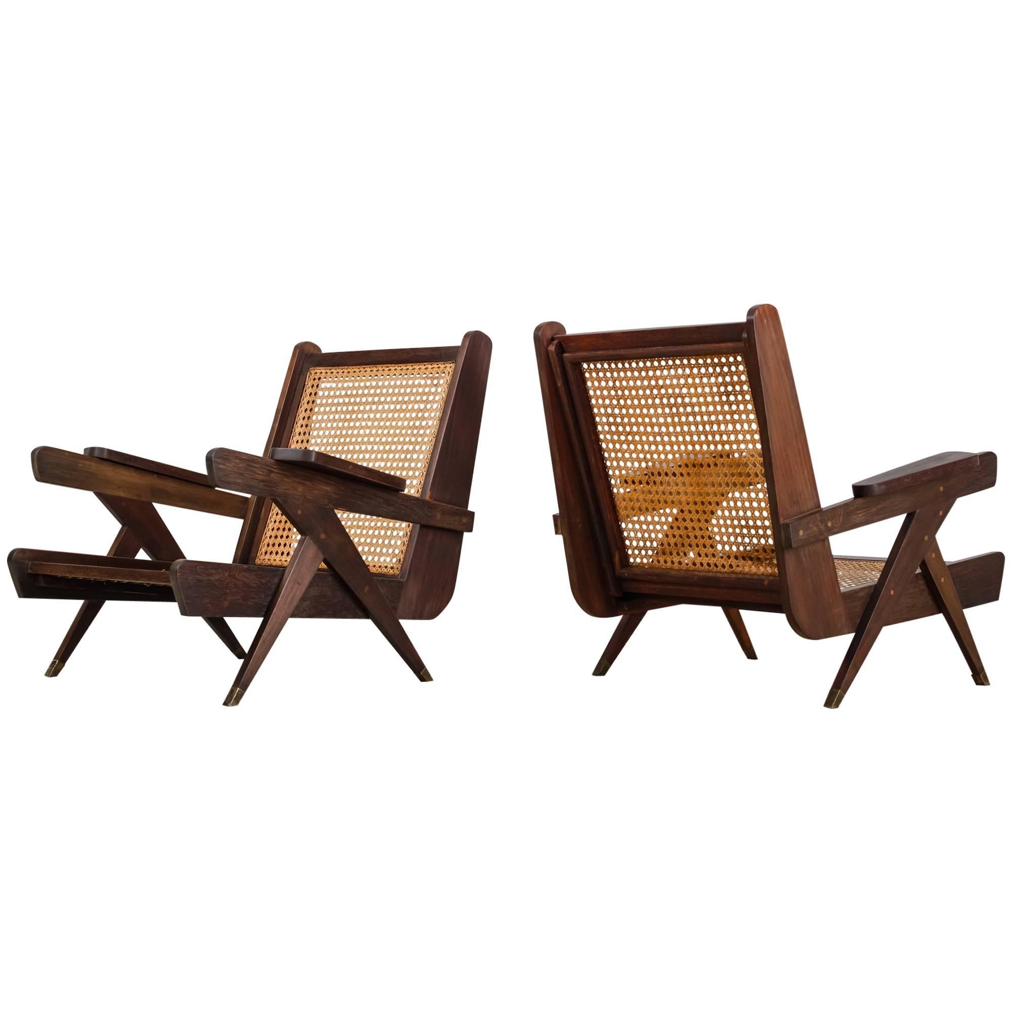 Pair of Modernist French Teak and Cane Chairs, Congo, Unité d’Habitation, 1960s For Sale