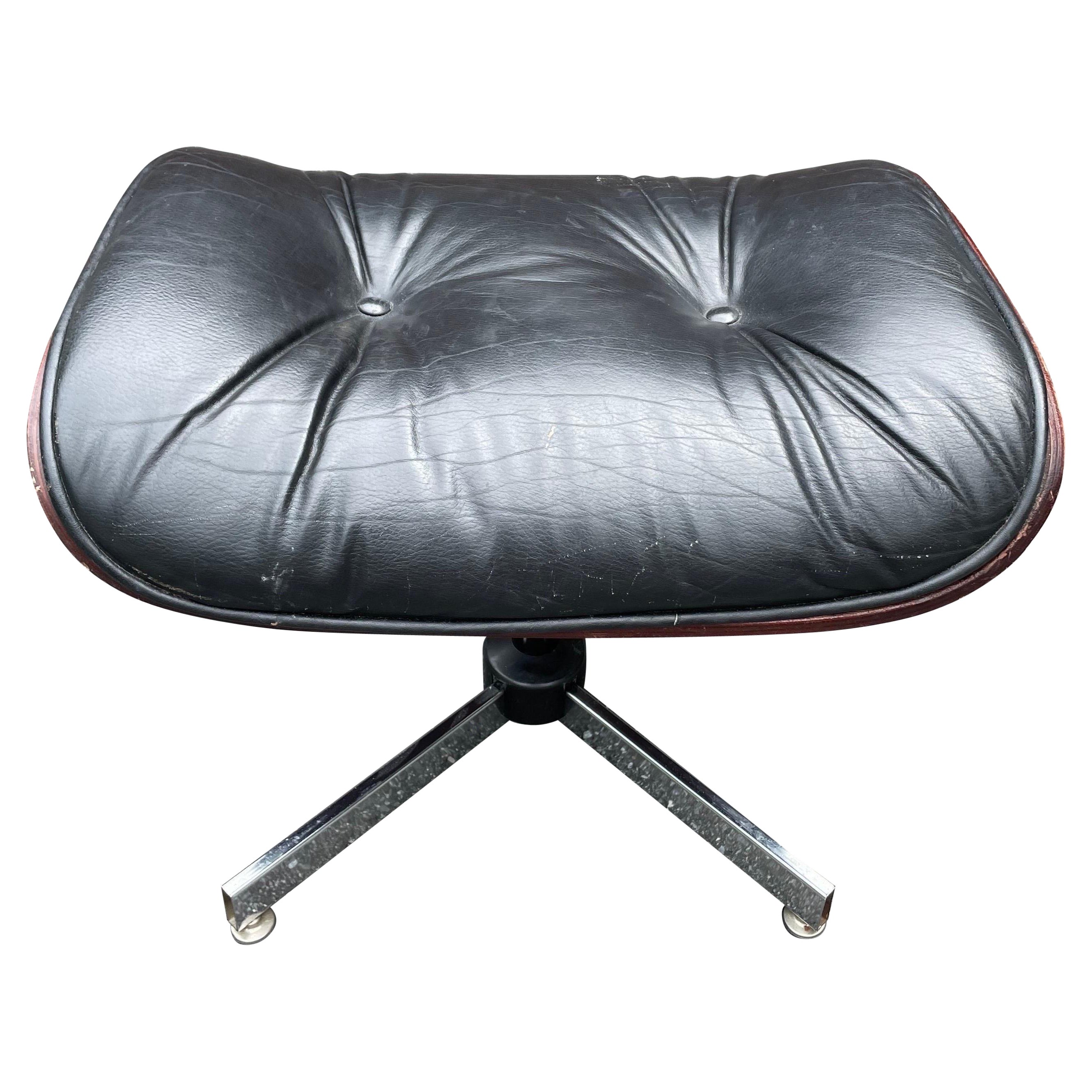 Plycraft/Selig/Eames Style Ottoman in Black Leather or Vinyl and Walnut