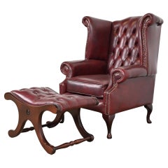 Vintage English Oxblood Leather Chesterfield Wingback Lounge Chair with Ottoman