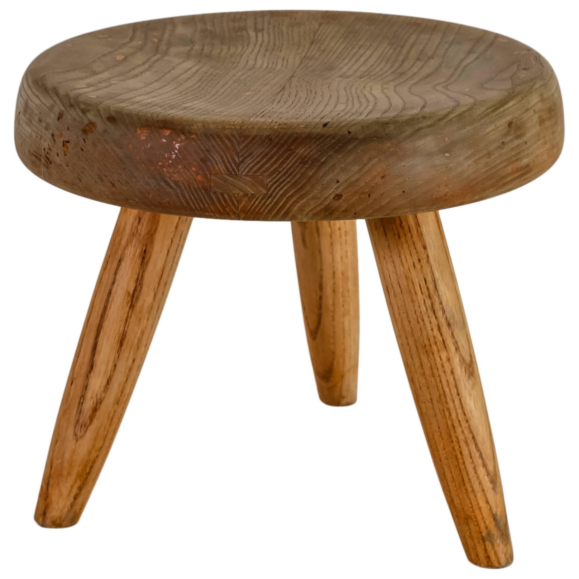 Charlotte Perriand Oak Low Tripod Stool, France, 1950s For Sale