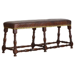 Italian Late Baroque Turned Walnut and Leather Damier Upholstered Bench, 17/18c