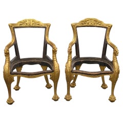 Antique Russian Paint & Giltwood Monopodium Chairs with Lion And Griffin Carving, 19th C