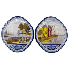 Pair Estate Dutch Delft-Blue Painted Coastal Scene Porcelain Plaques, Ca. 1930's