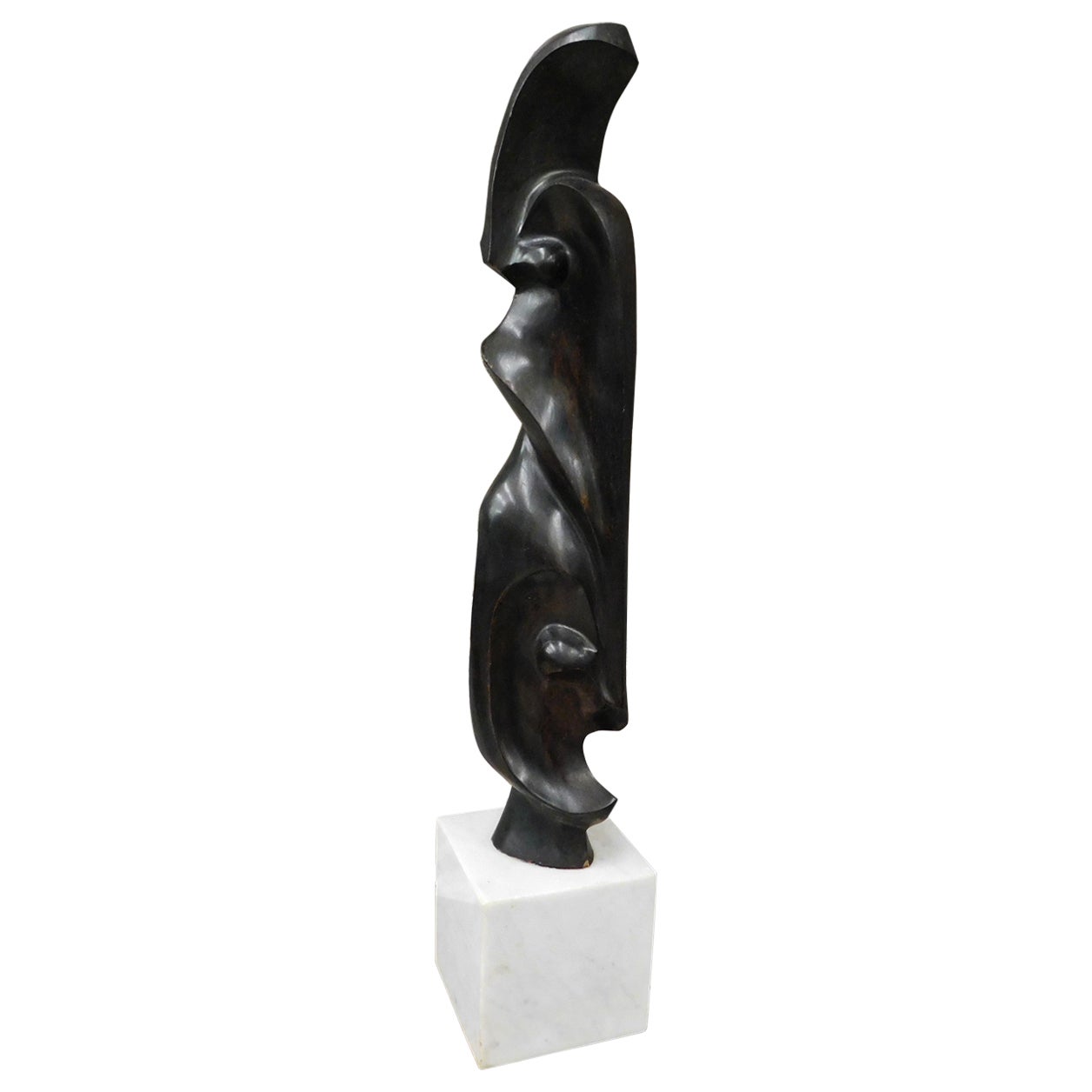 Mid-Century Modern Abstract Ebony Wood Faces Sculpture with Marble Base For Sale