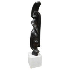 Mid-Century Modern Abstract Ebony Wood Faces Sculpture with Marble Base