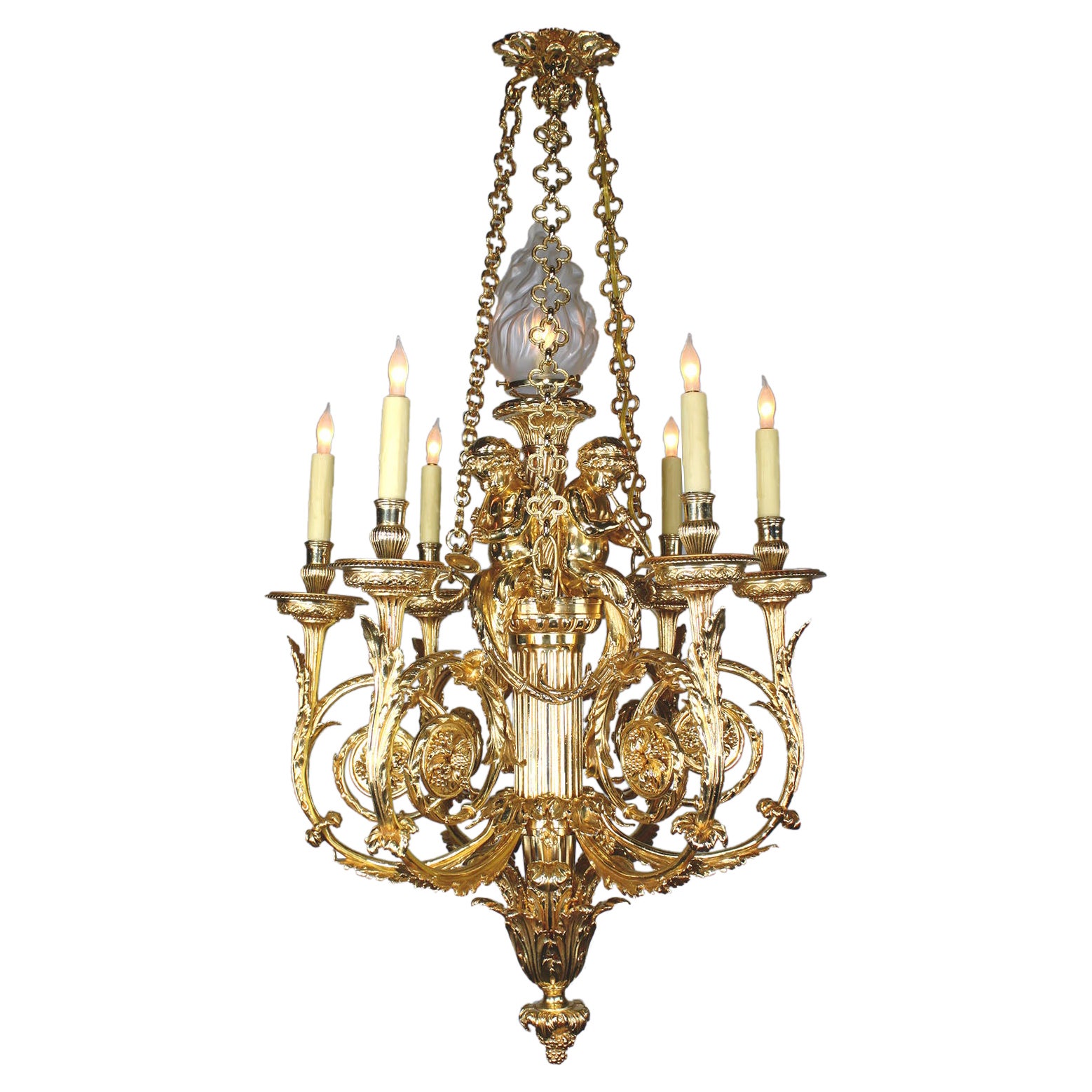 Louis XVI Style Gilt-Bronze 7-Light Chandelier with Children, After Gouthière For Sale