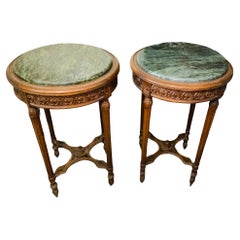 Pair Of Louis XVI Style Wood And Green Marble Top Side/End Tables