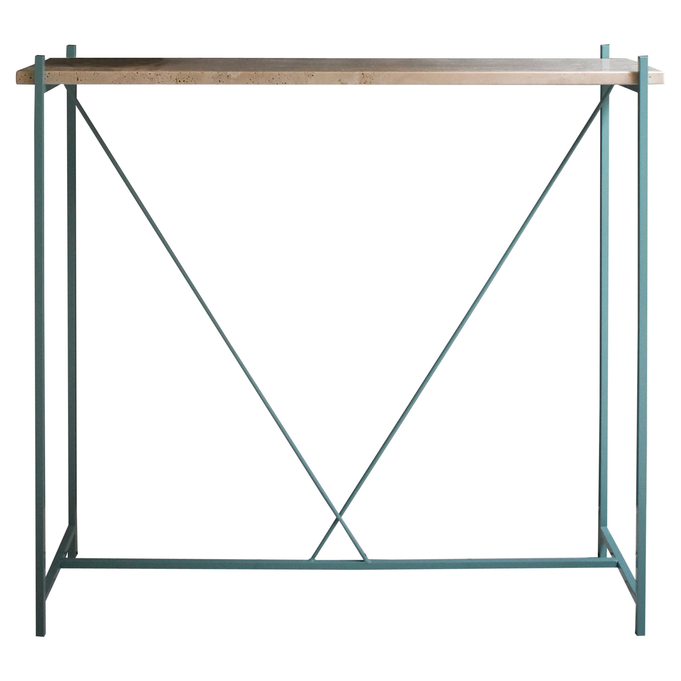 Console 'Tekno', light-blue Iron Structure and travertino marble Top For Sale