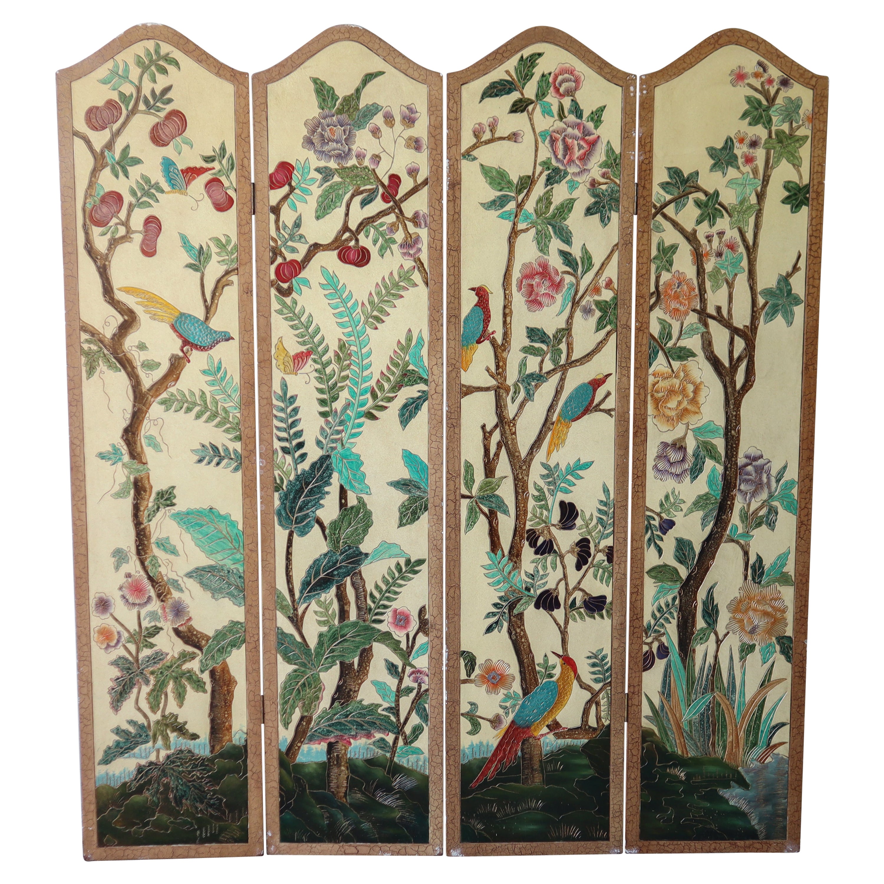 Vintage Avian Botanical Themed 4-Panel Room Divider For Sale at 1stDibs