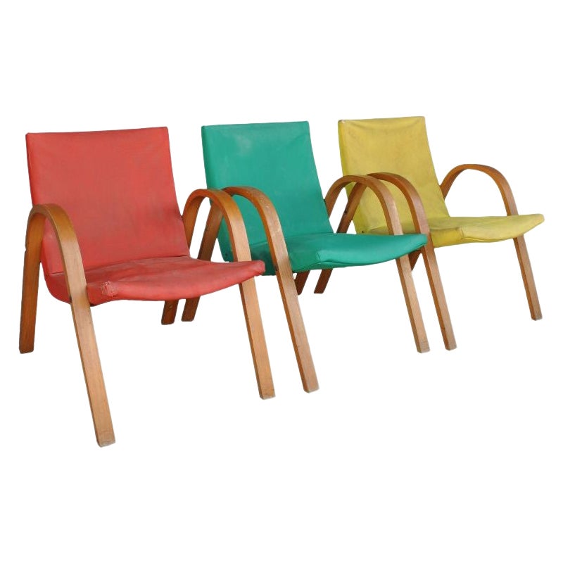 Set of Three Colored Armchairs in Folded Wood from the 70s