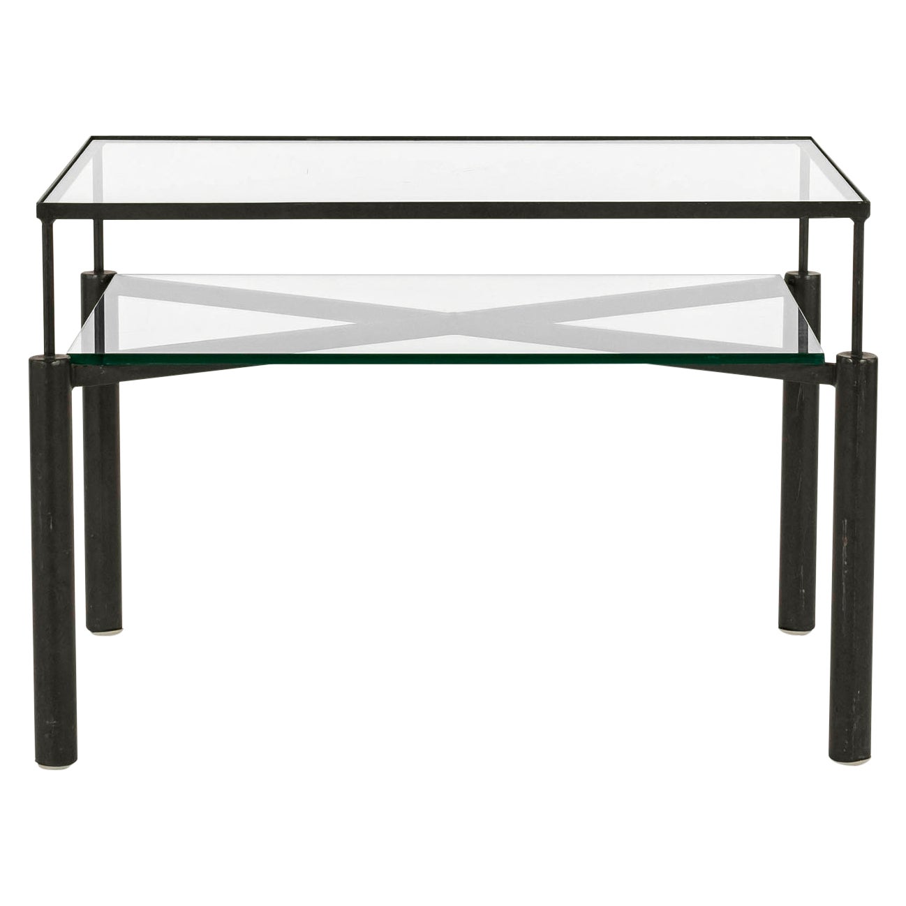 Table contemporaine à deux étages en acier et verre